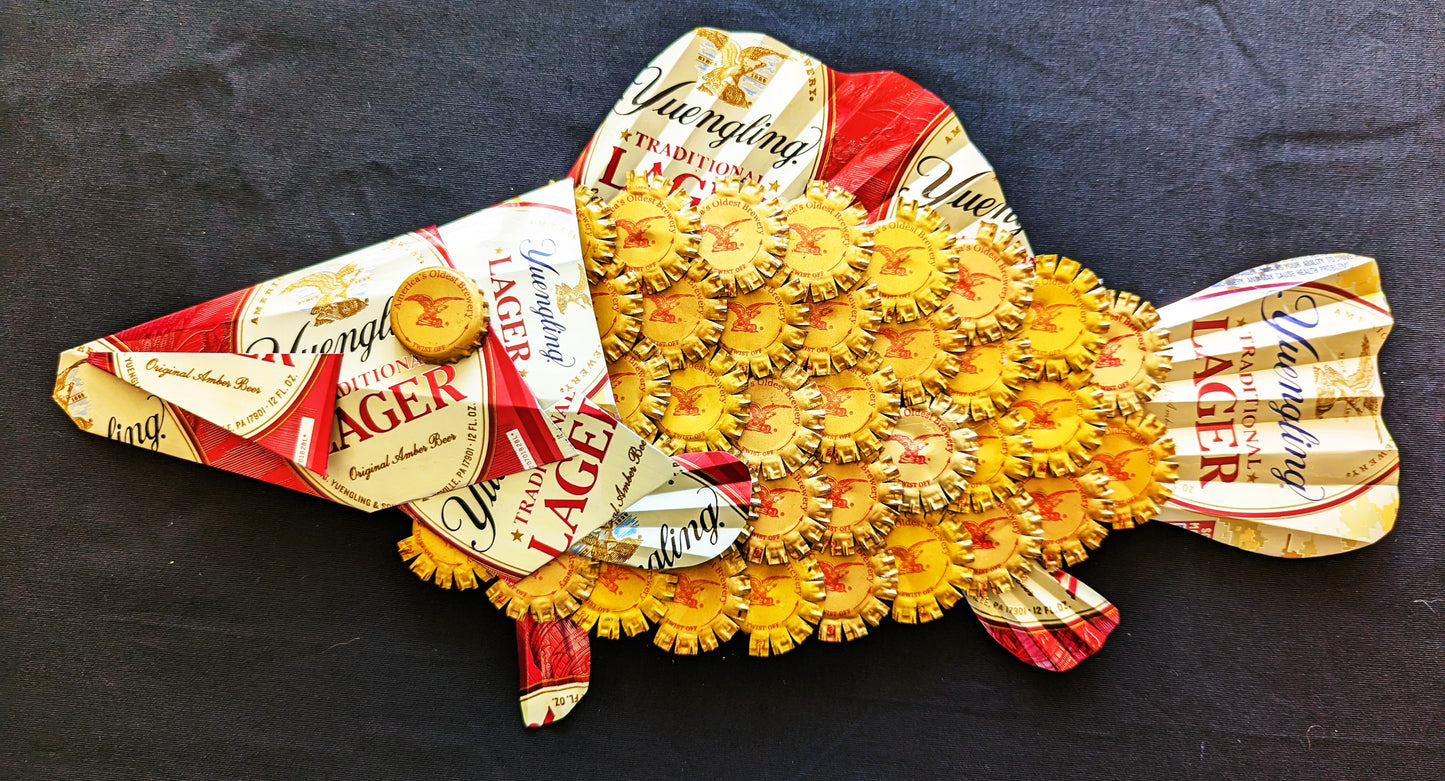 Yuengling beer art, Fish wall hanging , Bottle caps, beer cans.