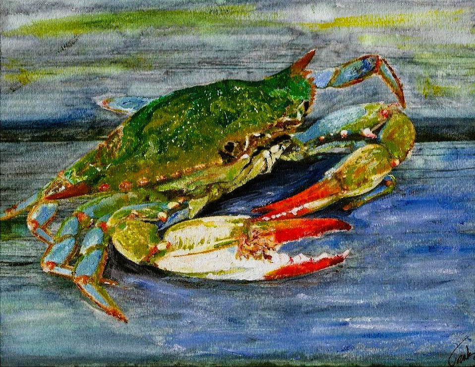 Blue crab 8" x 10" matted print. Artist signed