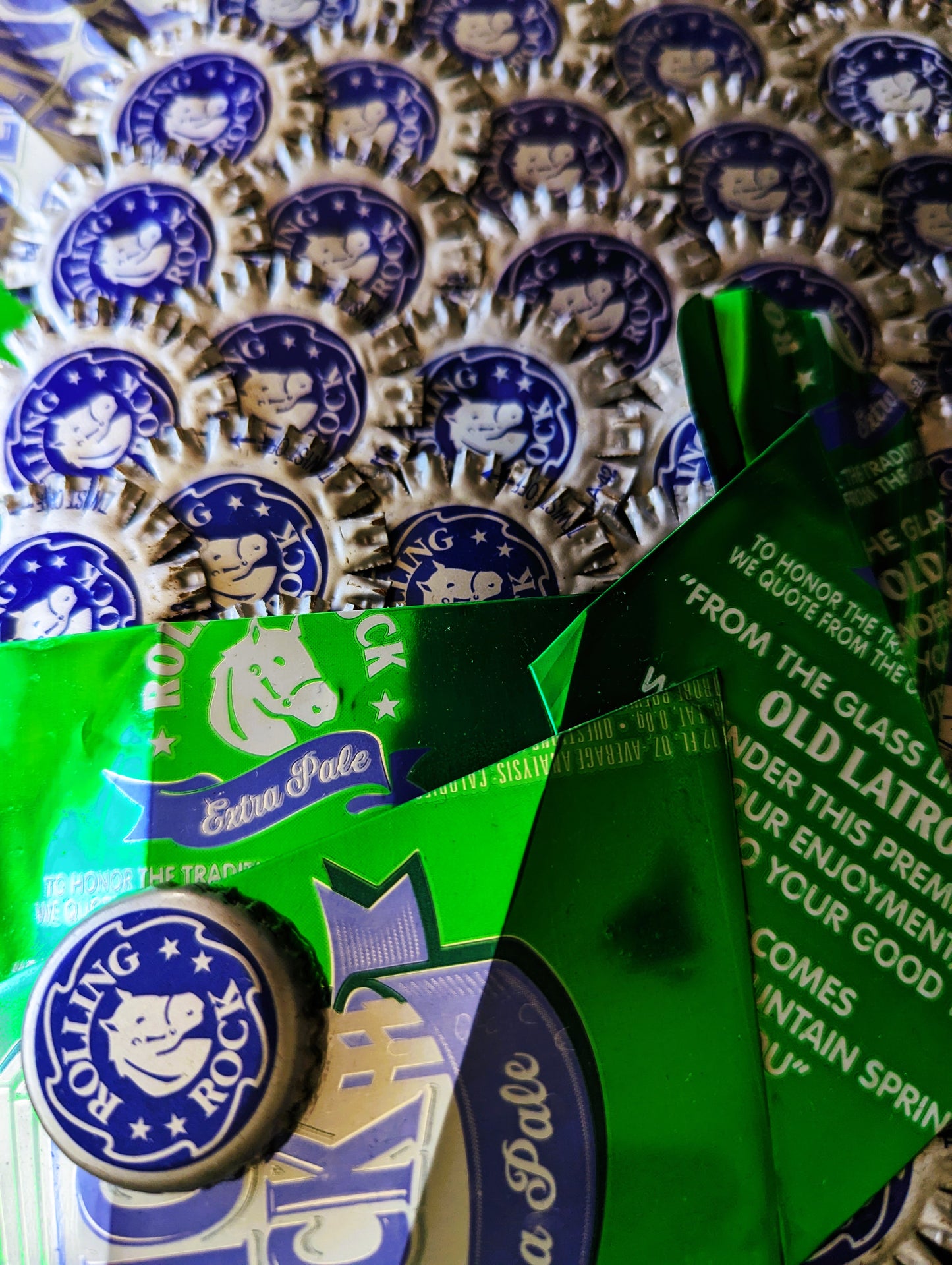 Rolling Rock beer art, Fish wall hanging , Bottle caps, beer cans.