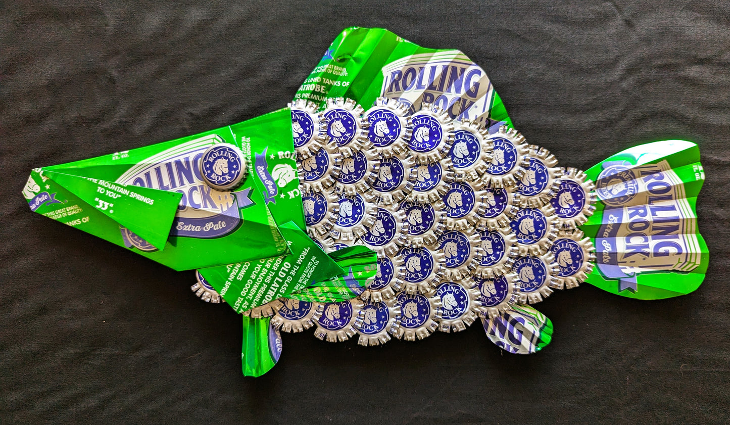 Rolling Rock beer art, Fish wall hanging , Bottle caps, beer cans.