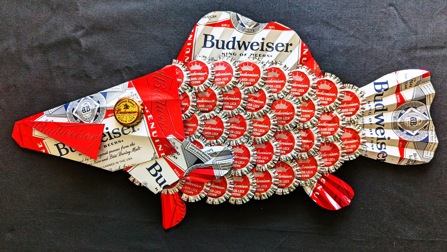 Budweiser beer, Fish wall hanging , Bottle caps, beer cans.