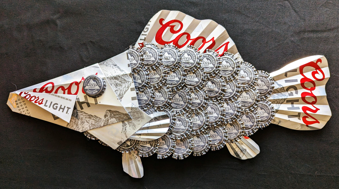 Coors Light beer, Fish wall hanging , Bottle caps, beer cans.