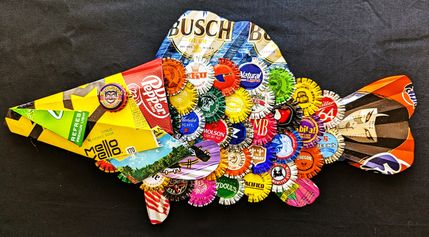 Fish,bottle cap and can art, wall hanging , bottle caps, beer cans.