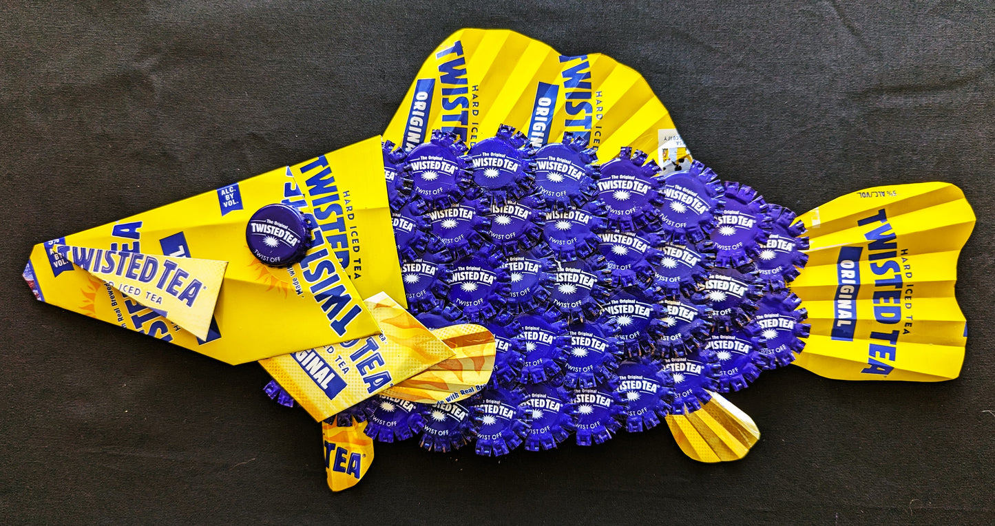 Twisted Tea art, Fish wall hanging , Bottle caps, beer cans.